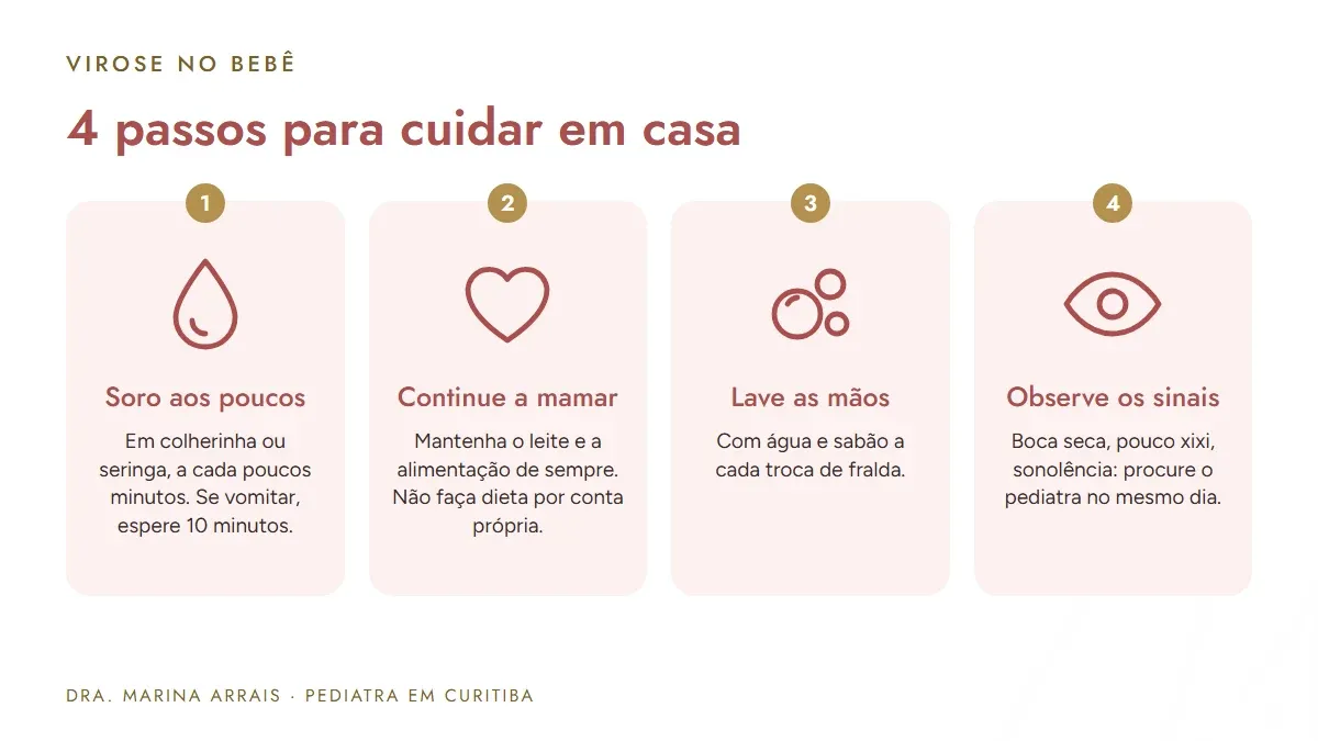 Passo a passo para cuidar de bebê com diarreia em casa: soro, amamentação, higiene das mãos e sinais de alerta